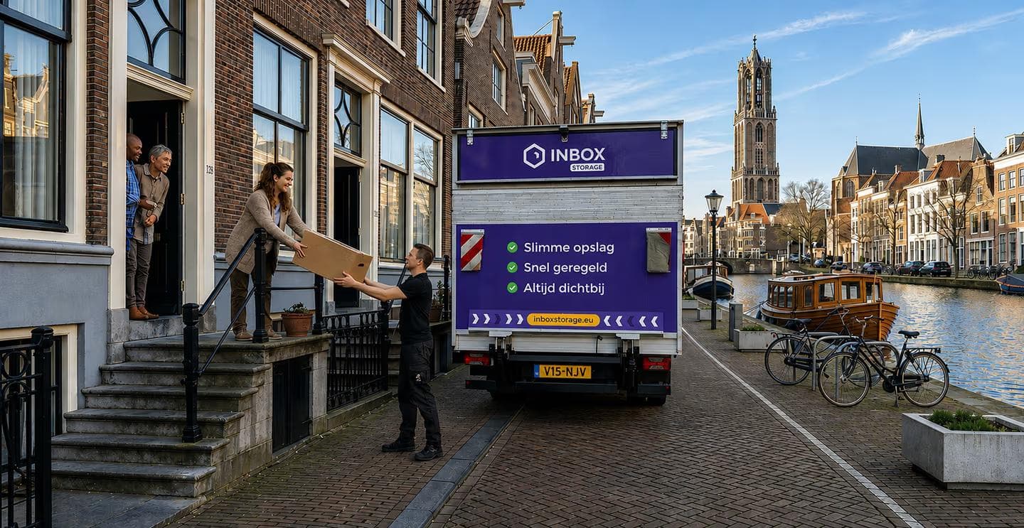 Mobiele opslagunit naast een rij opslagboxen