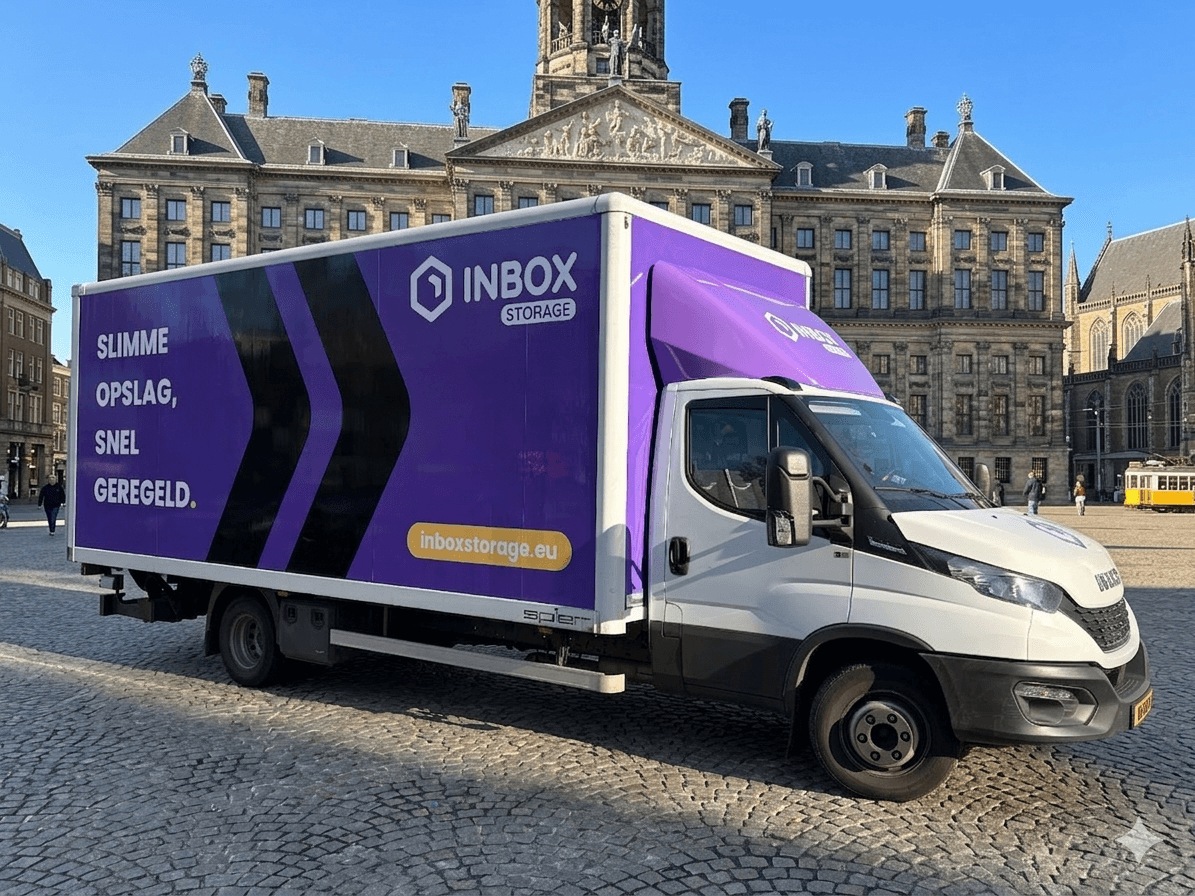 Inbox Storage bakwagen op de Dam in Amsterdam met het Paleis op de Dam op de achtergrond