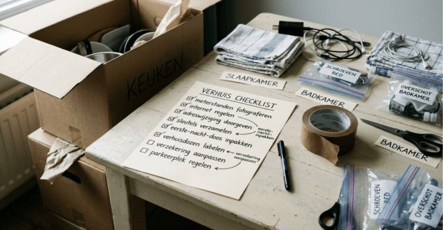Verhuischecklist met afgevinkte taken naast verhuisdozen