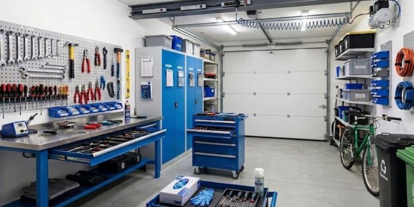Opgeruimde garage met gereedschap aan de muur